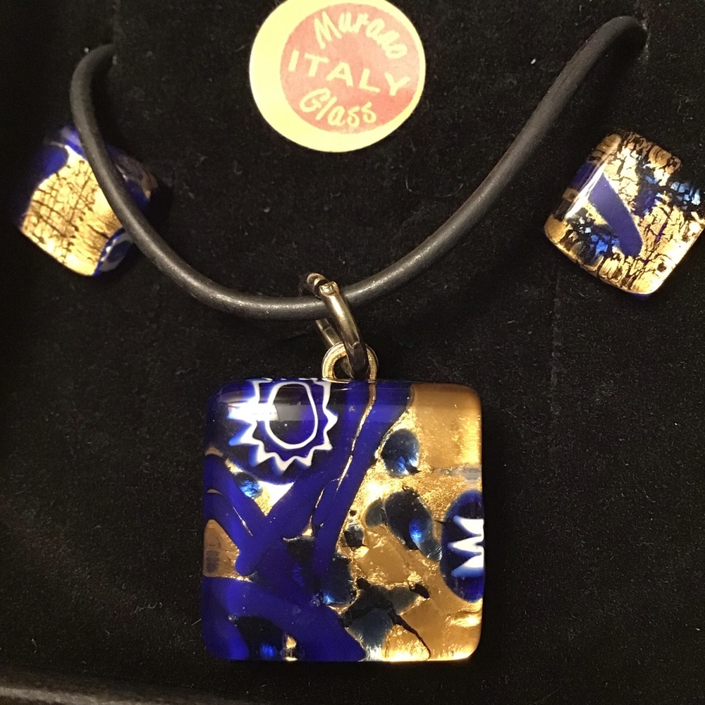 Murano Blue and Gold Glass Pendant & Earrings Set